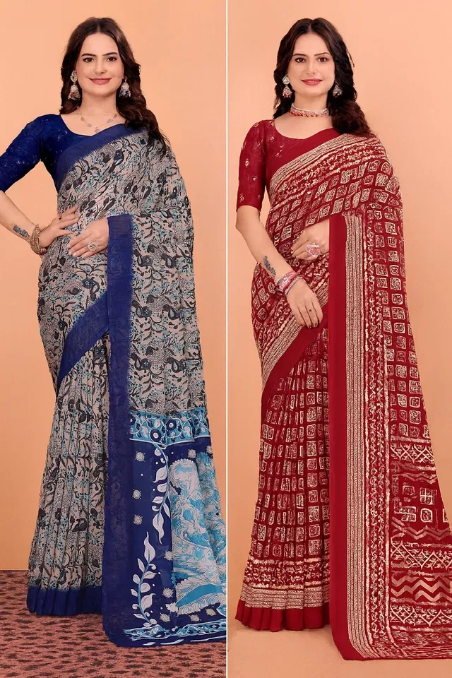 Georgette Printed Saree for Women, Multicolor, Pack of 2 (6.3 m)