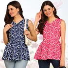 Rayon Printed Flared Top for Women (Blue & Pink, S) (Pack of 2)