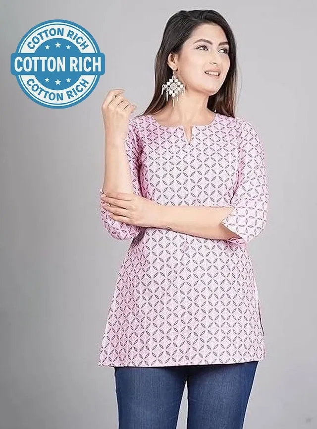 Cotton Block Print Short Kurti for Women (Pink, S)