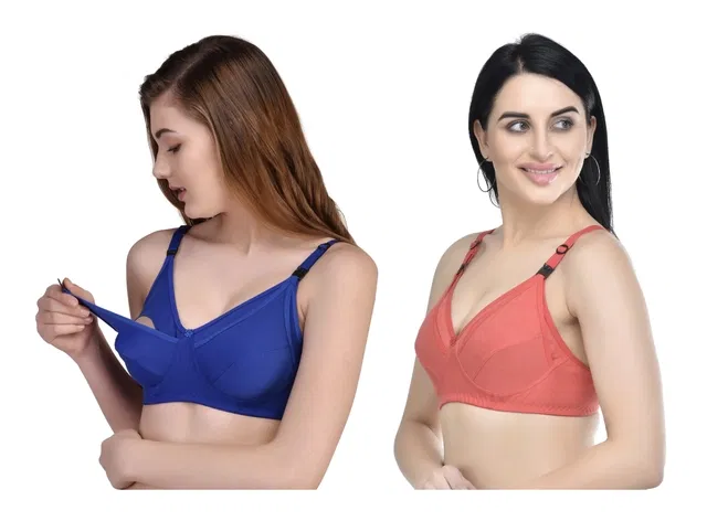 Cotton Blend Solid Non Padded Feeding Bras for Women (Multicolor, 34) (Pack of 2)