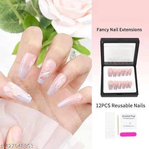 Kamz's Fake Nails Nail Extension Kit - Quick Fix Press On Nails, Aesthetic Acrylic Stick on Nails, Reusable, 12pcs Nails Set for Girls & Kids