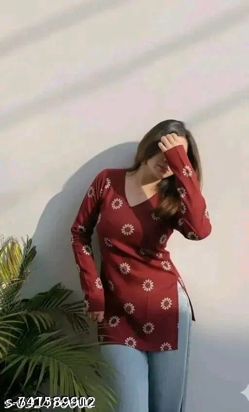 Rayon Printed Short Kurti for Women, Maroon (XL)