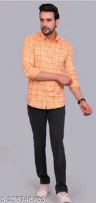 Cotton Blend Checked Shirt for Men, Orange 
