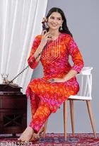 Rayon Printed Kurta with Pant for Women, Orange & Pink 