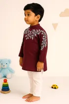 Dupion Silk Printed Kurta with Payjama for Boys, Wine & White 