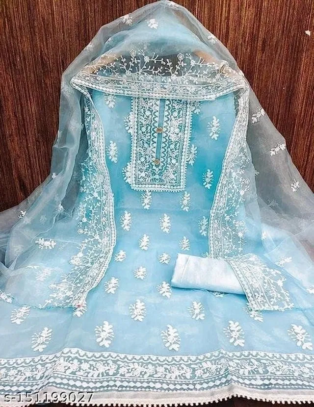 Organza Embroidered Unstitched Suits Fabric for Women (Sky Blue)