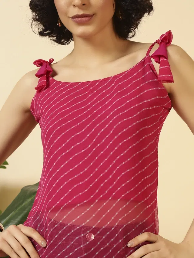 White Tie Up Georgette Kurti for Women (Pink, L)