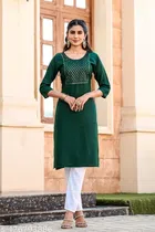 Cotton Embroidered Kurti for Women (Bottle Green, S)