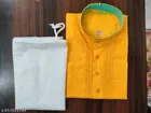 Cotton Blend Solid Kurta Set for Men, Yellow & White 