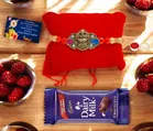 Metal Rakhi with Greeting card, Roli & Chocolate 