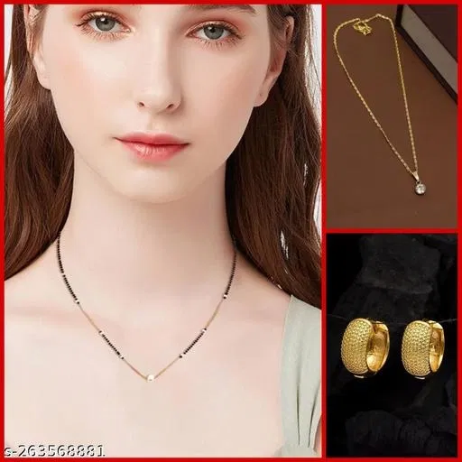 Combo of Alloy Mangalsutra with Pendant & 1 Pair Earrings for Women (Multicolor, Set of 3)