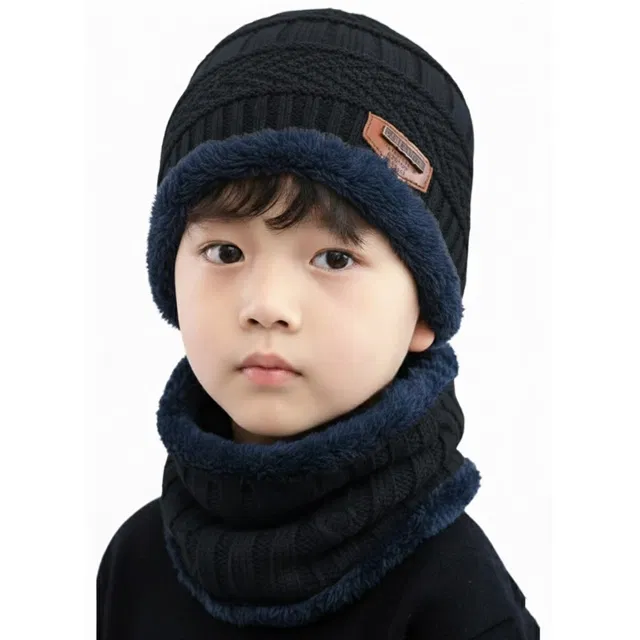 Woolen Solid Cap with Neck Wramer for Kids, Black