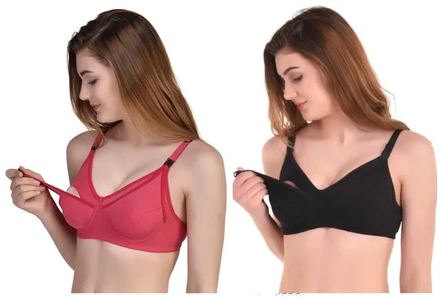 Cotton Blend Solid Non Padded Feeding Bras for Women (Multicolor, 32) (Pack of 2)