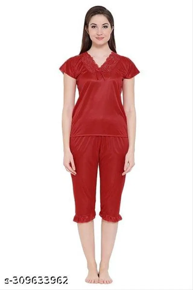 Satin Nightsuit Set for Women (Red, L)