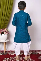Rayon Cotton Embellished Kurta with Dhoti for Boys, Teal & White 