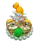 Metal Decorative Ganpati Haldi Kumkum Stand with 2 Roli Chawal Holder, Multicolor