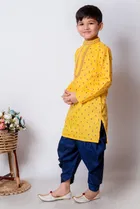 Cotton Blend Printed Kurta with Dhoti for Boys, Yellow & Blue 