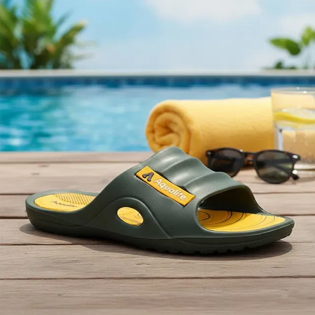 Aqualite Anti-Skid Slides for Men (Olive, Yellow, 6 UK/India)
