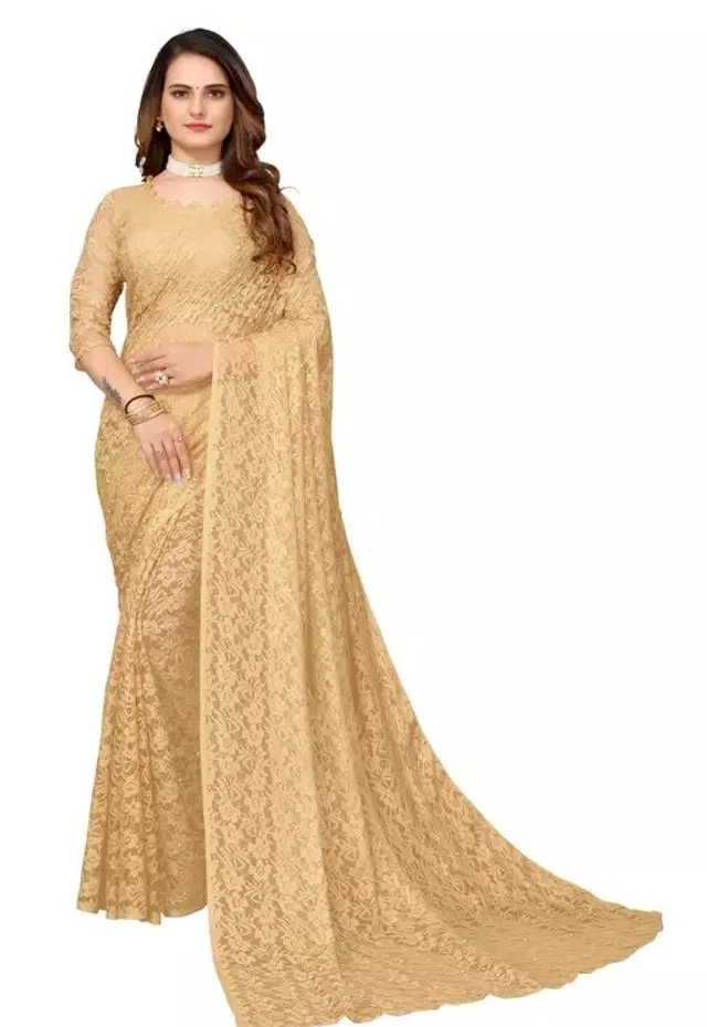 Net Solid Saree for Women (Cream, 6.3 m)