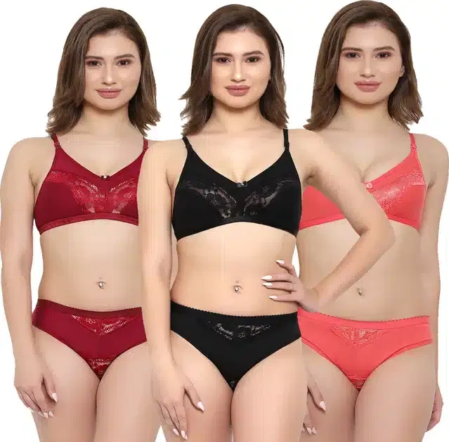 Silk Blend Lingerie Set for Women (Multicolor, 32) (Set of 3)