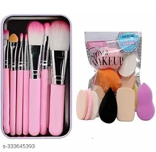 KAMZ fashion and trend mini pink brush set (Pack of 7) WITH 6 set of makeup puff