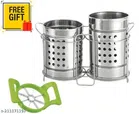 Stainless Steel Twin Cutlery Rack with Fruit Cutter (Green & Silver, Set of 2)