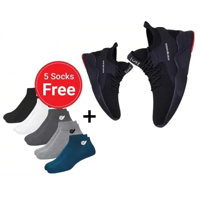Sports Shoes with 5 Pair Socks for Men (Black, 9)