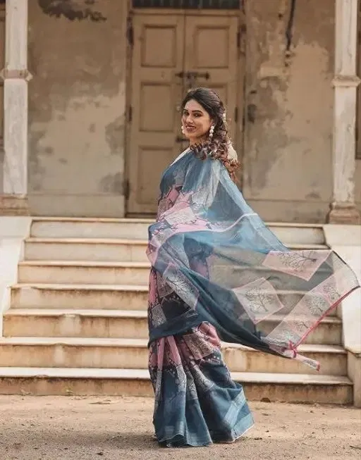 Cotton Linen Printed Saree for Women (Multicolor, 6.3 m)
