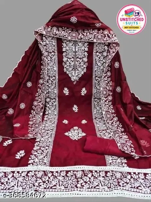 Chanderi Cotton Embroidered Punjabi/All Over Suits for Women (Maroon, Un Stitched)