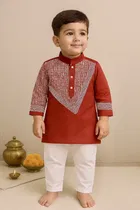 Dupion Silk Printed Kurta with Payjama for Boys, Maroon & White 