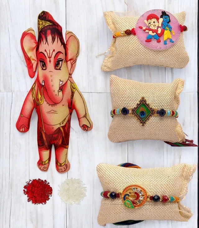 Synthetic 3 Pcs Rakhi with Ganesh ji Teddy (Multicolor, Set of 1)