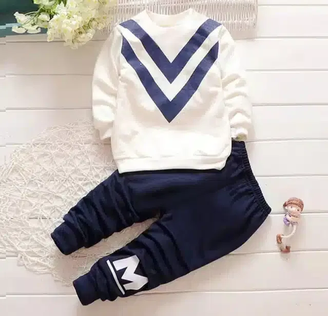 Hosiery Printed Top & Bottom Set for Kids (White & Blue, 18-24 Months)