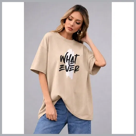 Oversized Cotton Blend T-shirts for Women (Beige, L)