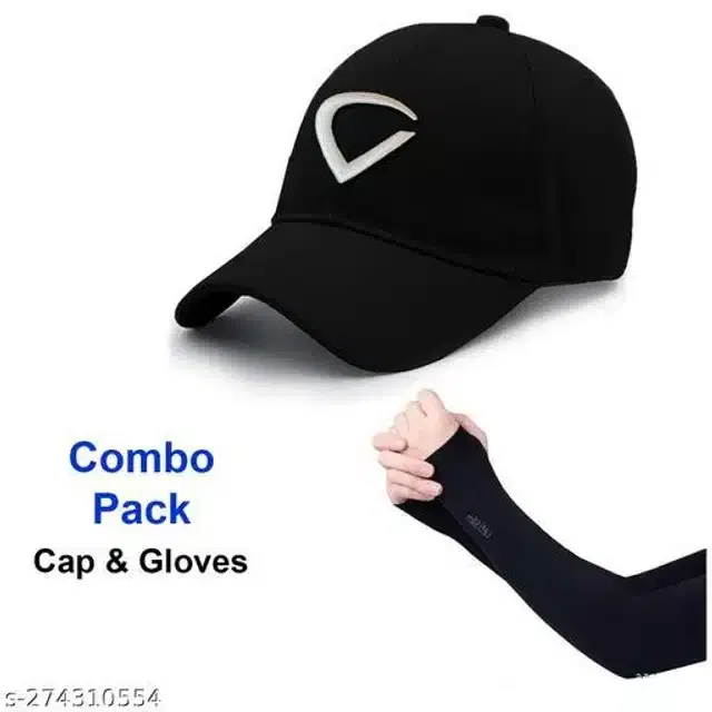 Cotton Arm Sleeves & Cap for Men & Women (Black, Set of 2)