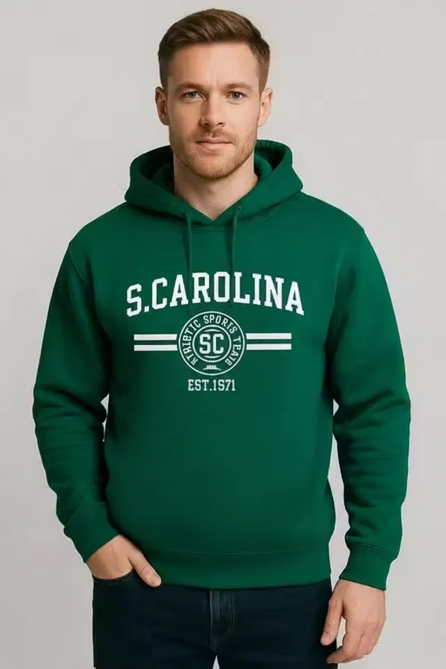 Fleece Printed Hoodie for Men, Dark Green (M)