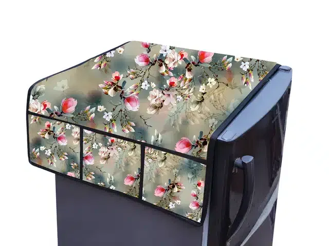 Knit Printed Fridge Top Cover with Side Pockets (Multicolor)