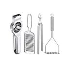 Oc9 Stainless Steel Lemon Squeezer & Cheese Grater & Roti Chimta & Potato Masher Kitchen Tool Set 