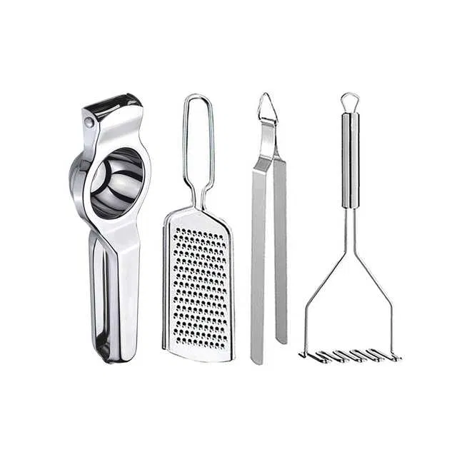 Oc9 Stainless Steel Lemon Squeezer & Cheese Grater & Roti Chimta & Potato Masher Kitchen Tool Set (O-58)