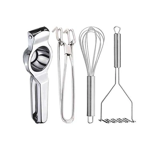Stainless Steel Lemon Squeezer & Pakkad & Egg Whisk & Potato Masher For Kitchen (Set of 4) (OC-081)