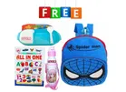 Combo of Fabric School Bag, Water Bottle, Lunch Box with All in One Book for Kids (Multicolor, Set of 4)
