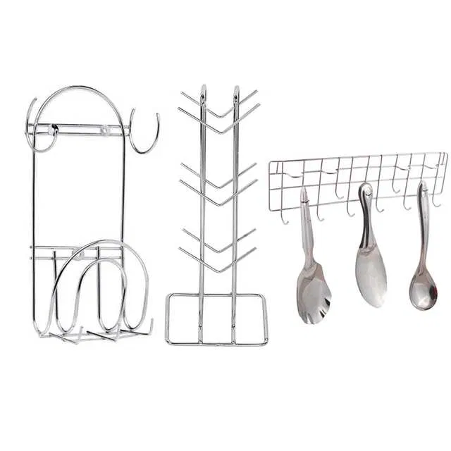 Stainless Steel Cup Stand & Chakla Belan Stand With Hook & Hook Rail For Kitchen (Set of 3) (OC-014)
