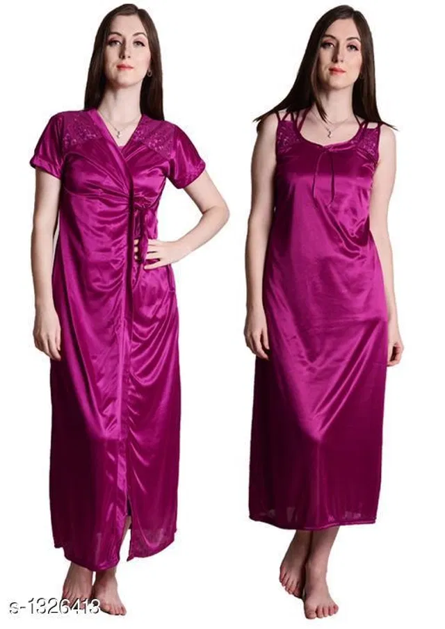 Satin Nightdress Set for Women (Purple, M)