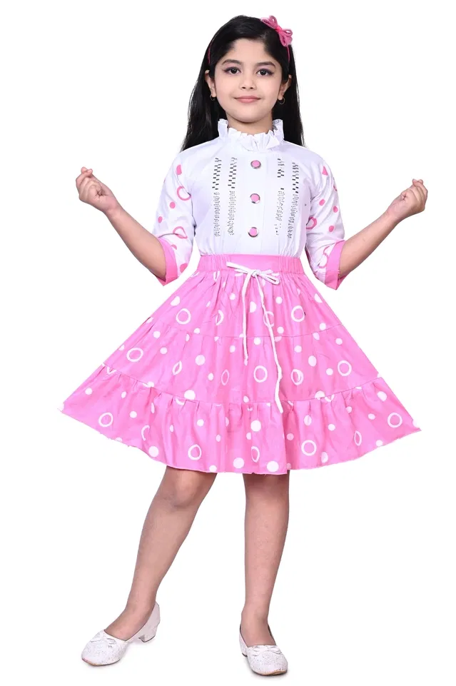 Cotton Printed Frock for Girls (Pink & White, 2-3 Years)