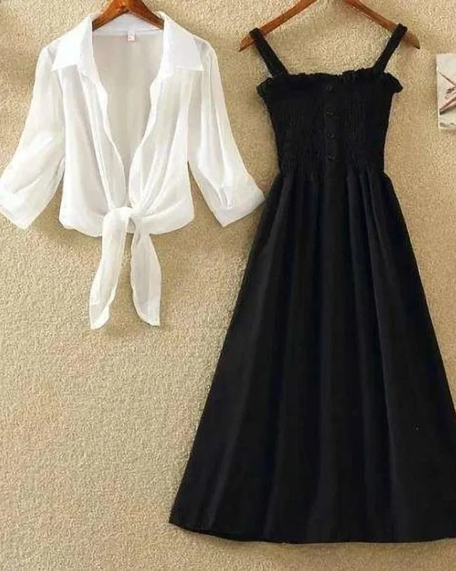 Poly Crepe Dress for Women (Black & White, L)