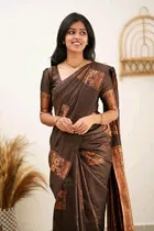 Litchi Silk Zari Woven Saree for Women, Brown 