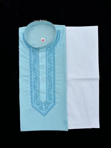Cotton Embroidered Kurta with Pyjama for Men (Sky Blue & White, XXL)