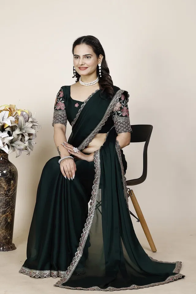 Chiffon Woven Design Saree for Women (Bottle Green, 6.3 m)