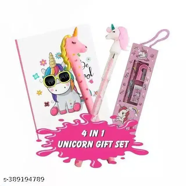 Unicorn Theme Diary with Pen, Pencil & Pencil Kit (Multicolor, Set of 4)