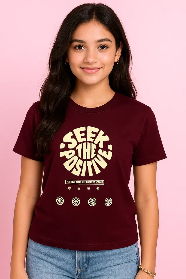 Round Neck Printed T-Shirt for Girls (Maroon, 32)