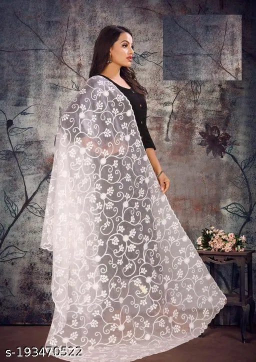 Botanical Embroidered Net Dupatta for Women (White, Free Size)
